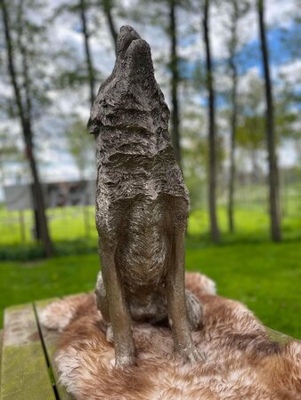 Tuinbeeld Huilende Wolf - Brons en Goud